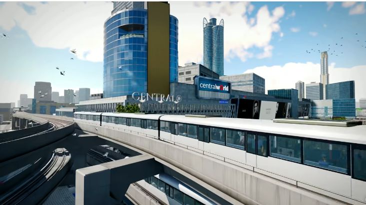 รถไฟฟ้ายกระดับผ่านกลุ่มอาคาร centralwOrld ในคลิป Bangkok Heat