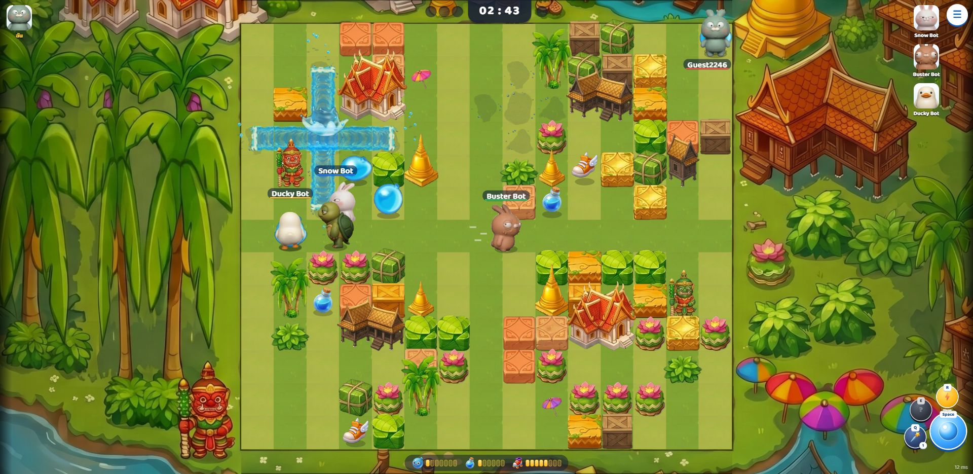 AnimalBubble gameplay in the Thai temple arena, with animal characters, three bots, water balloons, a water blast and obstacles