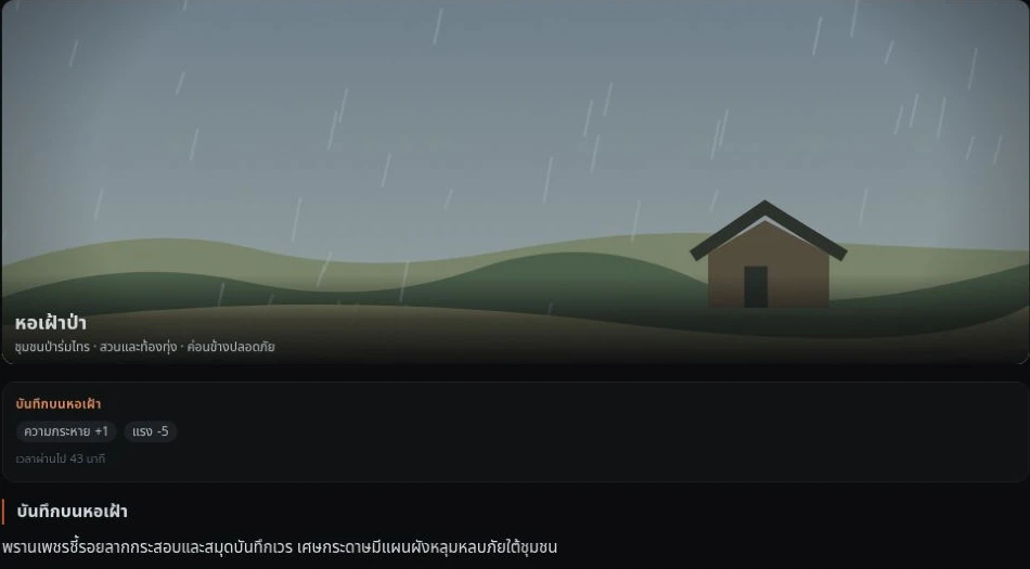 ฉากหอเฝ้าป่ากลางฝน พร้อมผลการสำรวจและเบาะแสบันทึกใน AFTERFALL