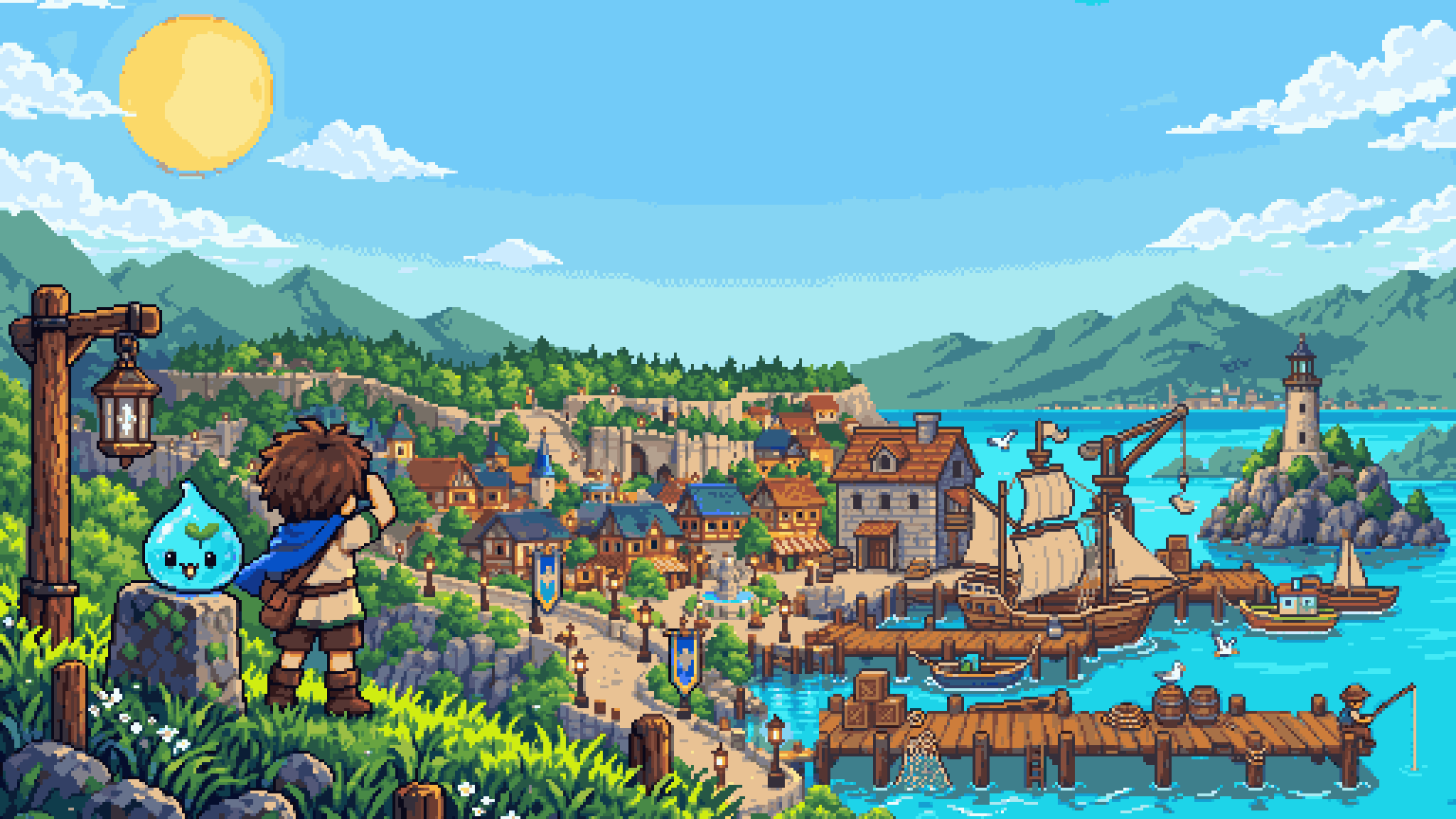 ภาพพิกเซลจากหน้าเกม World of Pixalia นักผจญภัยและสไลม์สีฟ้ามองลงไปยังเมืองท่า