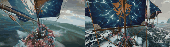 Ship at sea: generated video reference left, creator's Tidebound game implementation right