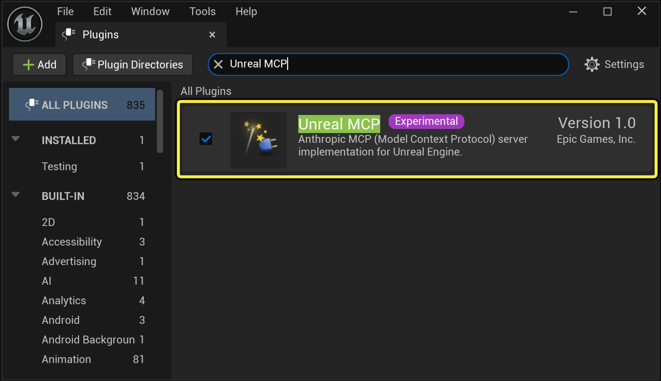 Epic's Unreal Editor Plugins screenshot showing Unreal MCP enabled and labeled Experimental