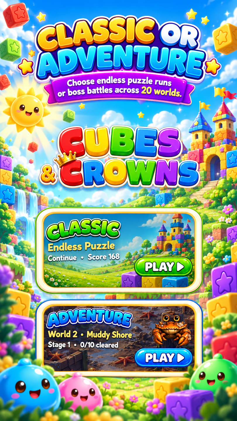 ภาพประชาสัมพันธ์ Cubes & Crowns แสดงตัวเลือกโหมด Classic และ Adventure
