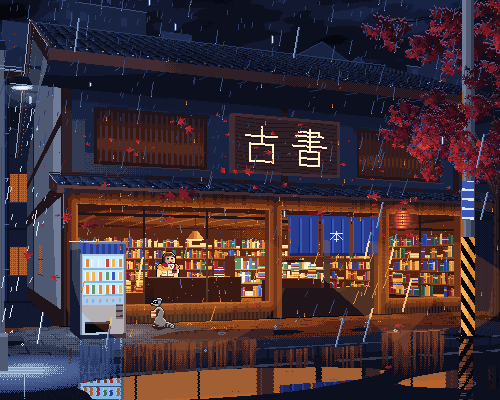 ร้านหนังสือพิกเซลอาร์ตยามฝนตก แสงอุ่นจากชั้นหนังสือ ตู้ขายเครื่องดื่มและเงาสะท้อนบนถนน