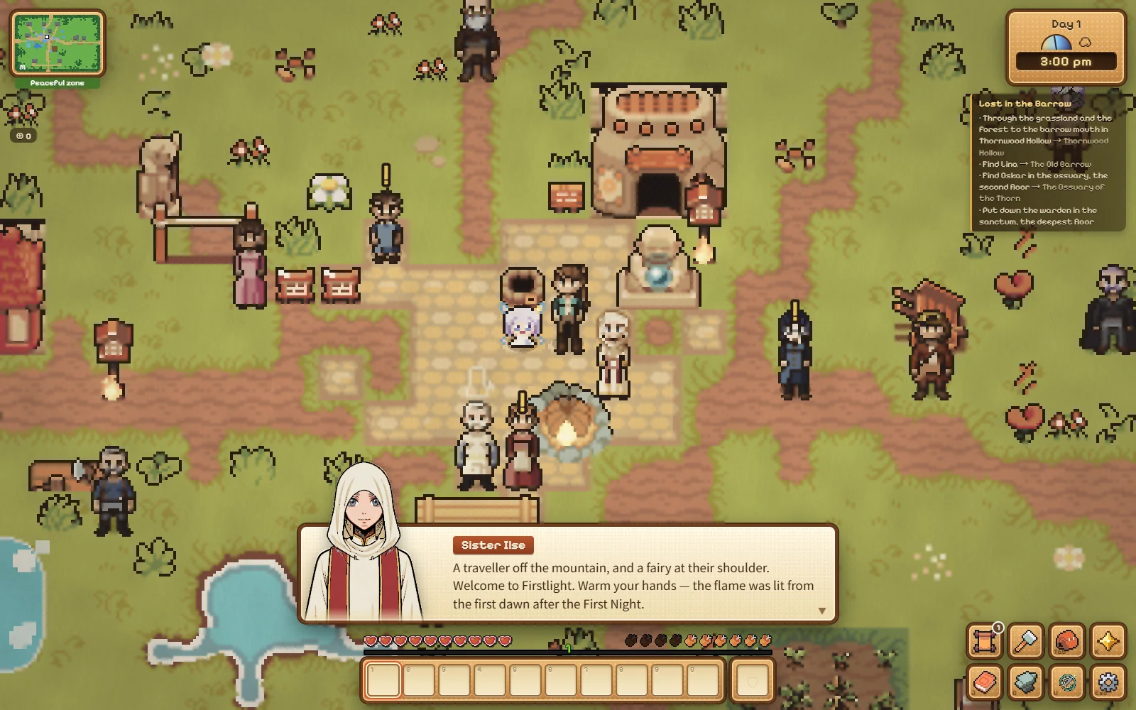A conversation with Sister Ilse in Firstlight village, with quests and the toolbar visible