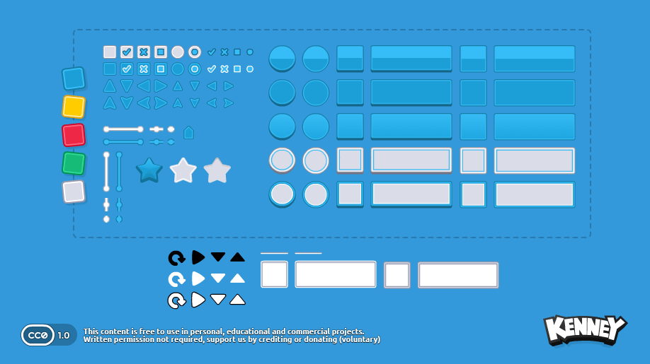 ชิ้นส่วน Kenney UI Pack 2.0 มีปุ่ม กรอบ แถบเลื่อน ตัวเลือก และไอคอน