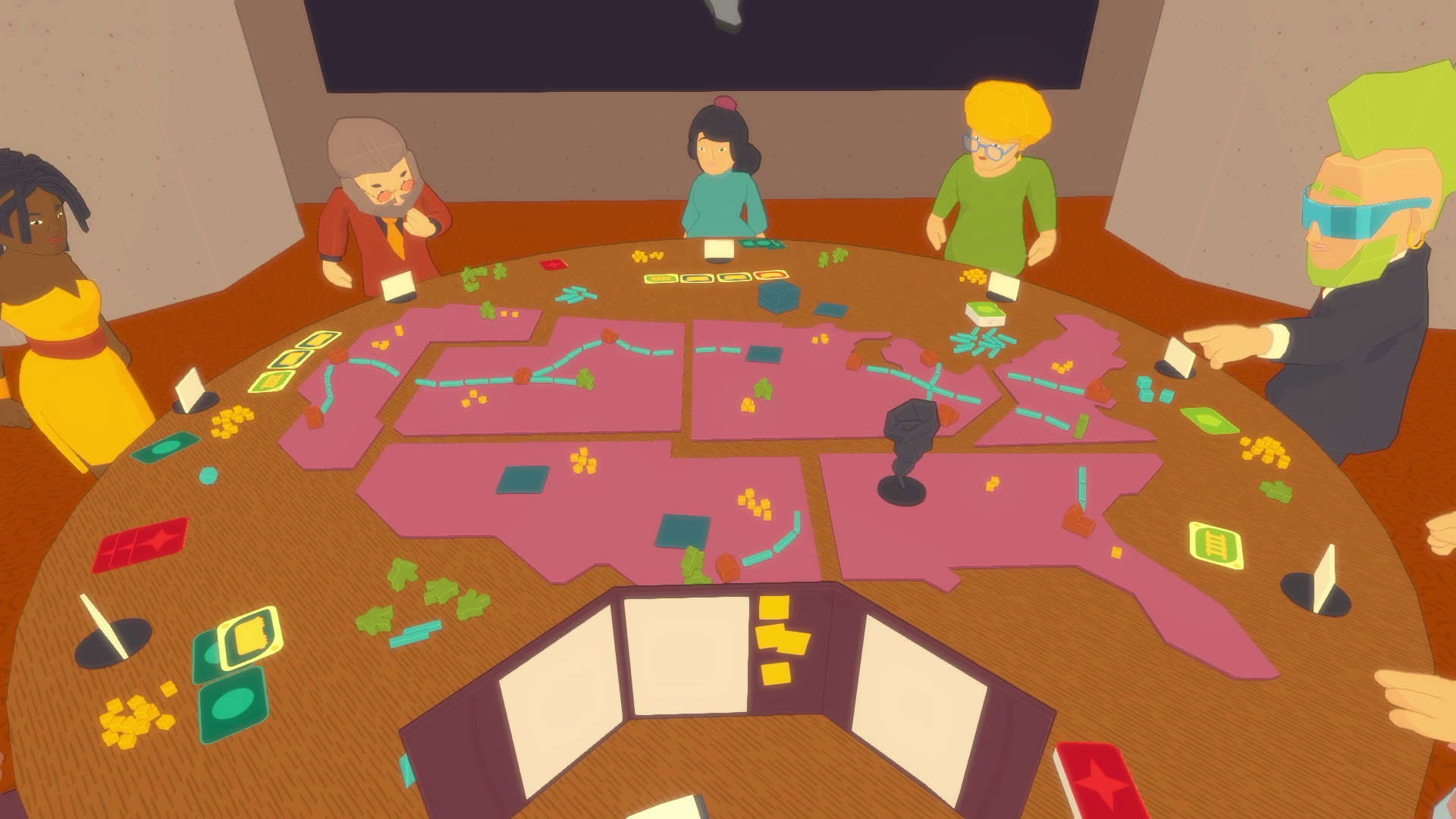 Characters gathered around a board game table in Future? No Thanks!