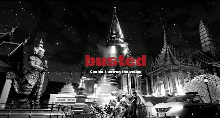 ตำรวจและรถตำรวจในฉากวัด พร้อมข้อความ busted ตอนท้ายคลิป Bangkok Heat