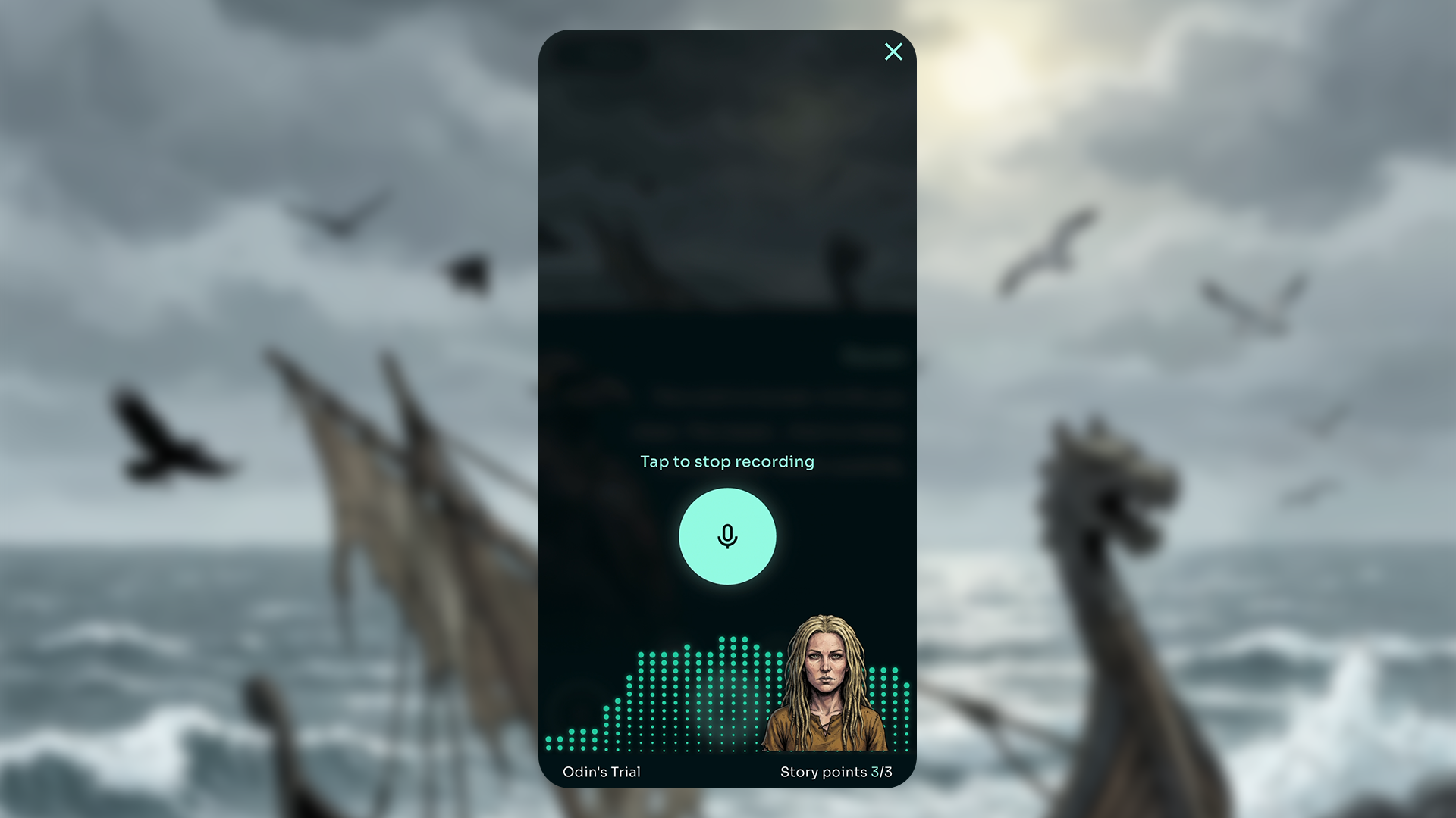 Earlier OMEA interface displaying a microphone recording panel and a speaking character from Odin's Trial; March 2026 press-kit screenshot, not October's updated UI.