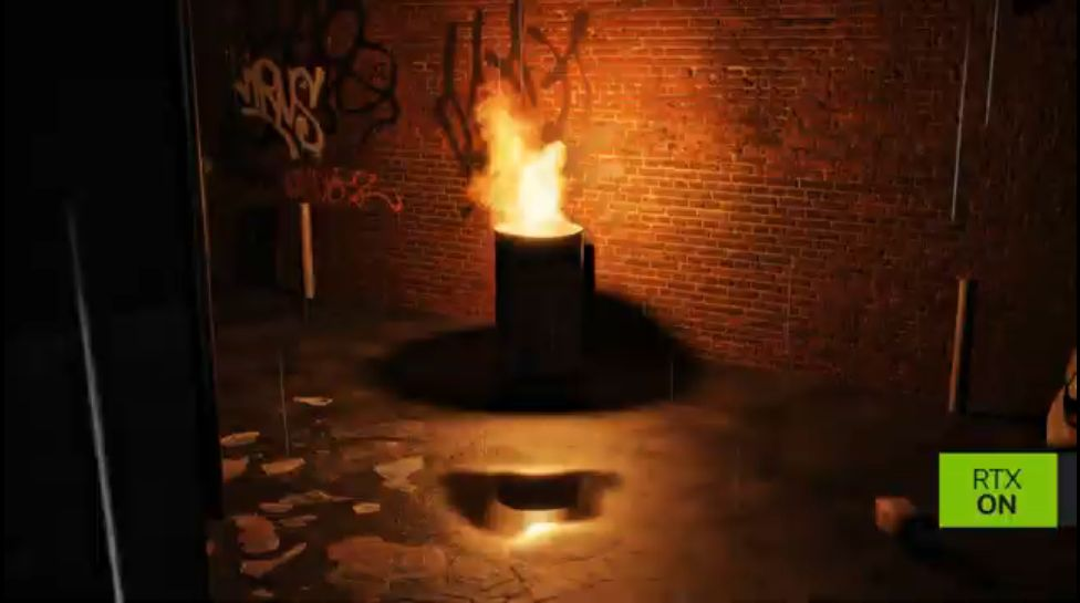 Left 4 Dead RTX announcement frame: burning barrel lights a brick wall and reflects in a puddle, RTX ON