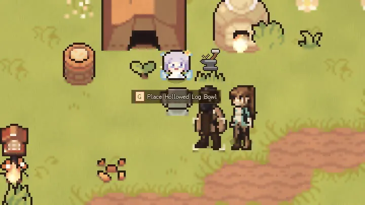 OpenWorld demonstration showing the Place Hollowed Log Bowl prompt beside Garrick