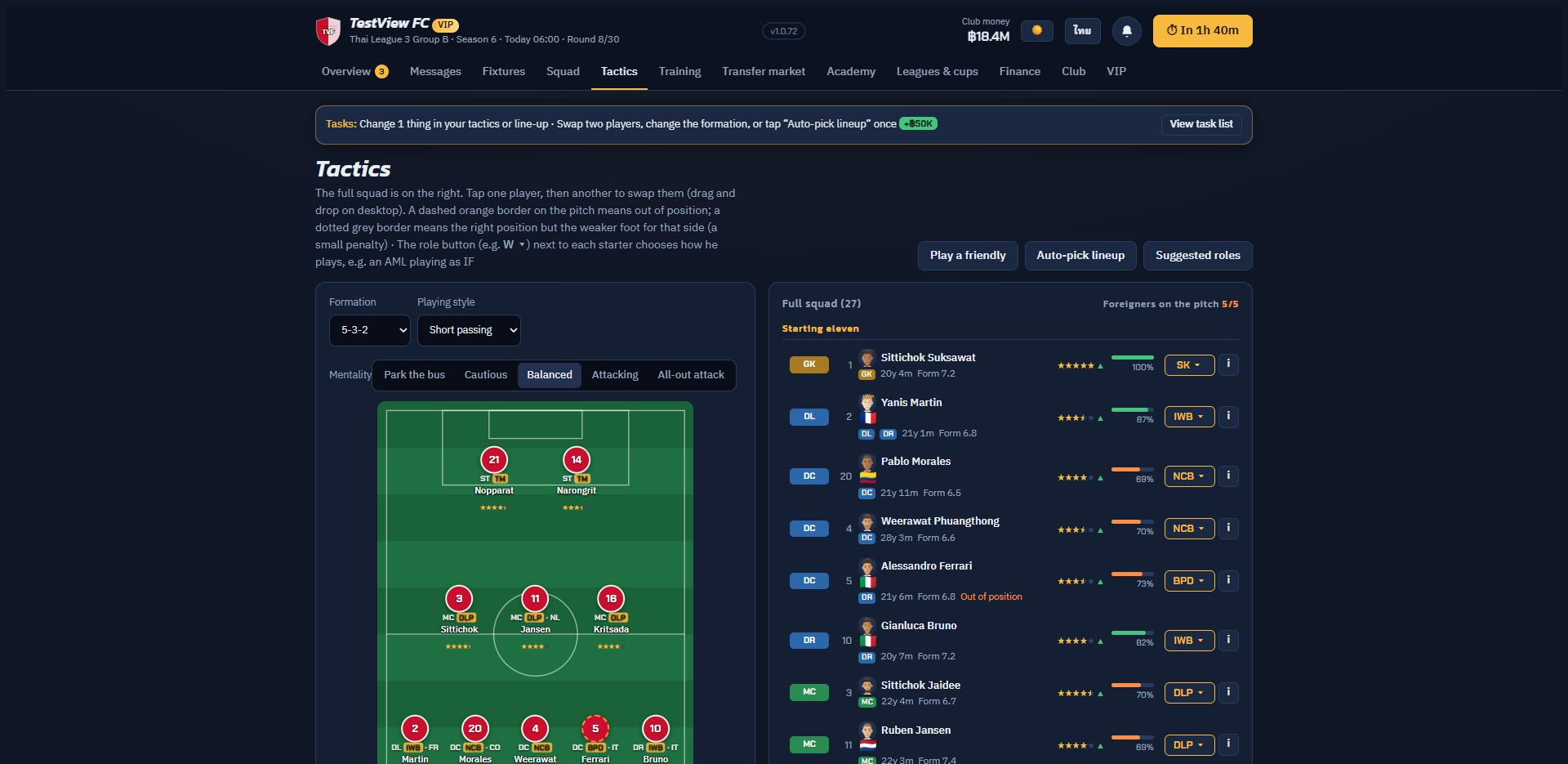 Tifo Manager Tactics screen with a 5-3-2 formation, squad roles and Balanced mentality