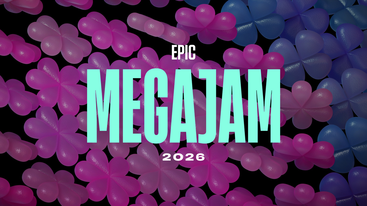 Official Epic MegaJam 2026 artwork with mint lettering over pink and blue shapes