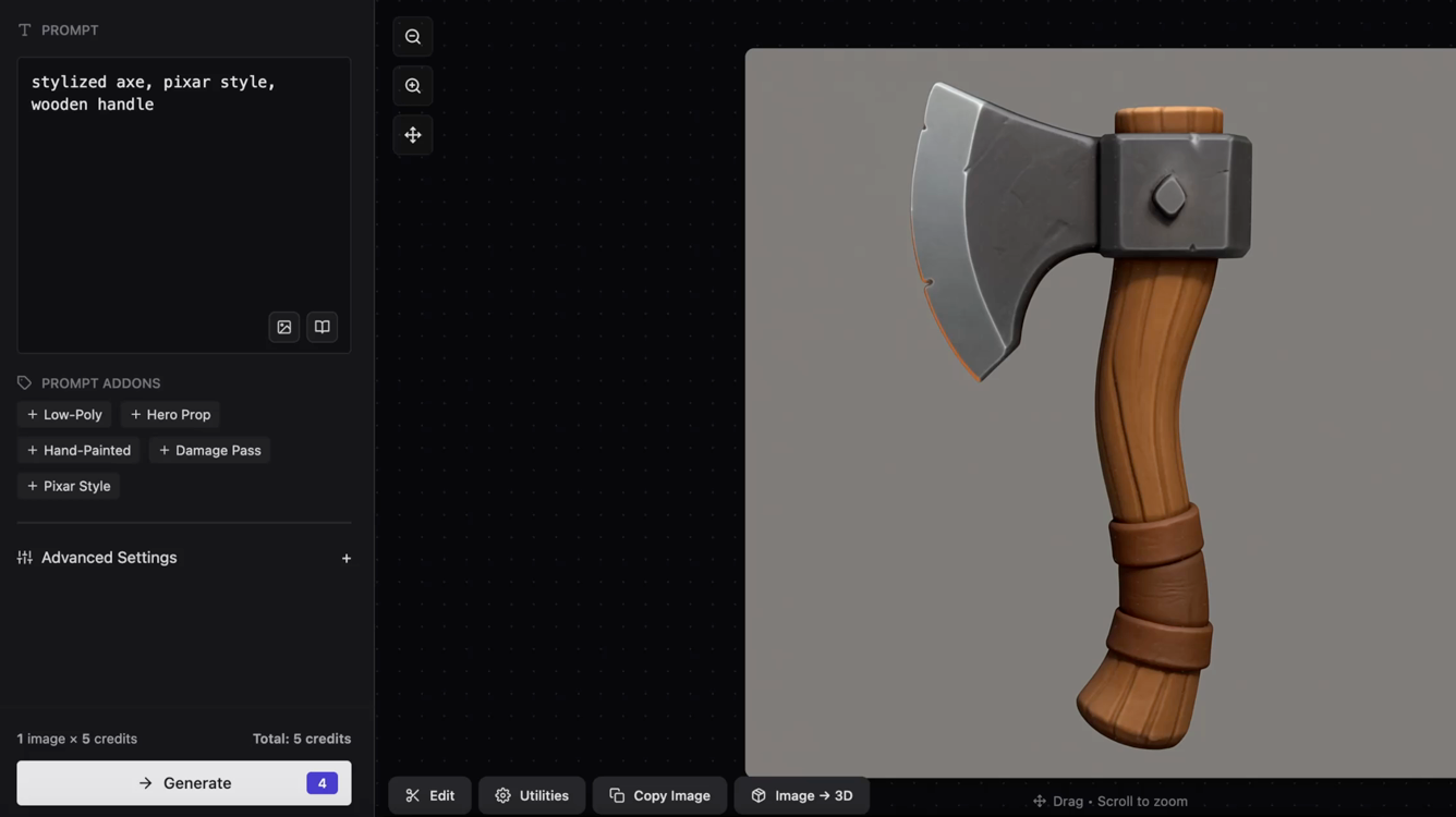 เดโมเก่า 3D AI Studio แสดงภาพขวาน ช่องคำสั่ง และปุ่มแปลงภาพเป็น 3D