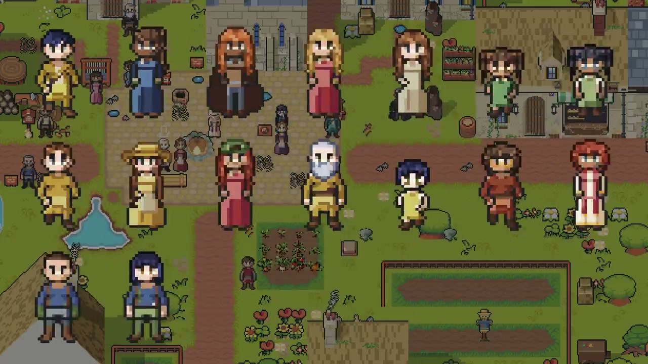 A launch-video montage of varied pixel-art inhabitants over an OpenWorld village