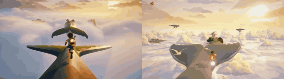 Rider on a flying whale: generated video reference left, creator's Skyfarer game implementation right