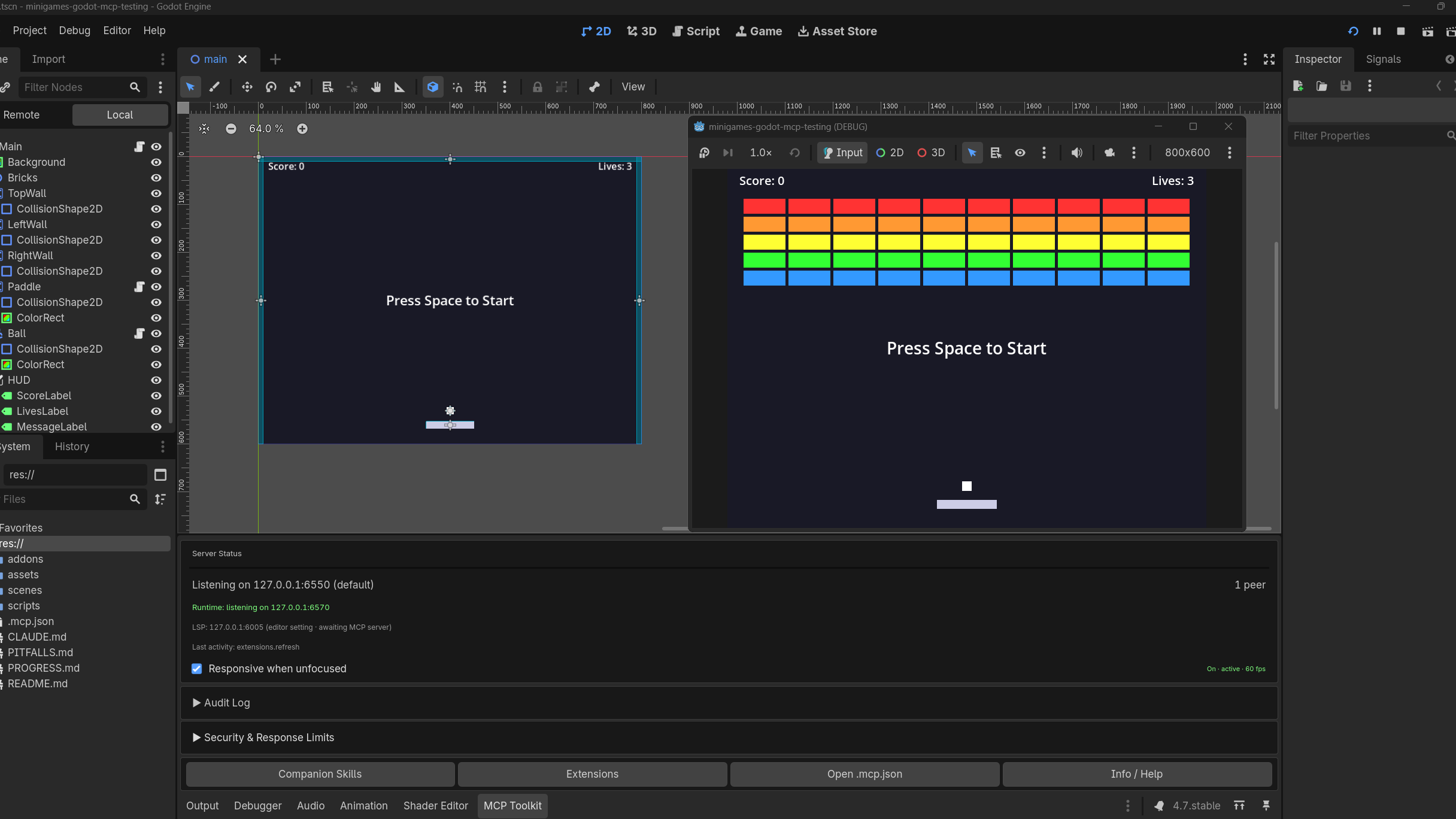 Godot Editor ขณะเปิดเกมตีอิฐ และแถบ MCP Toolkit ที่แสดงการเชื่อมต่อ AI