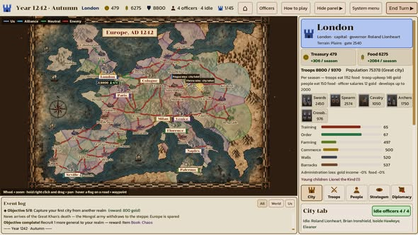 Strategic campaign map and turn-based combat scene.