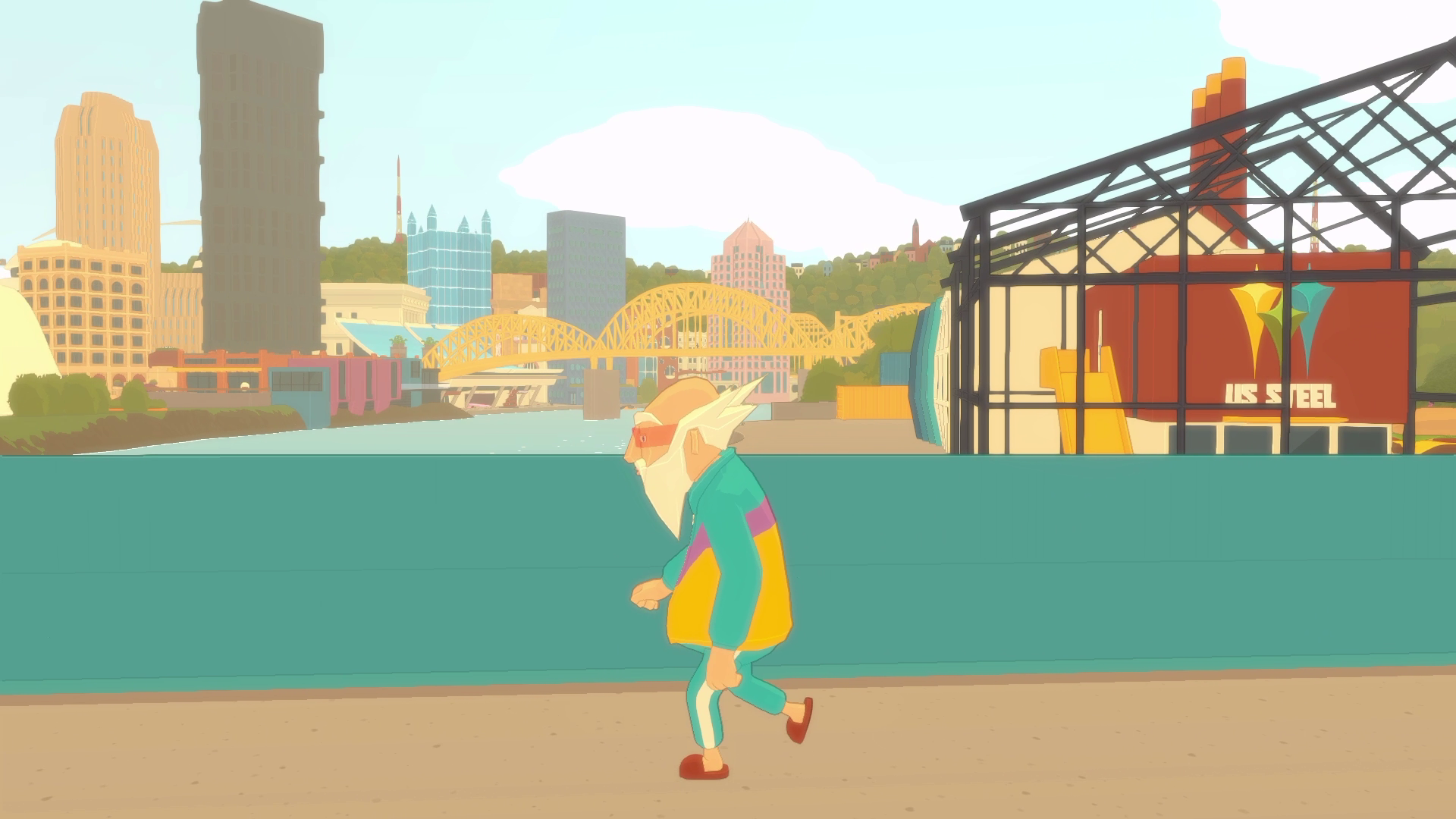 Harvey walking beside a river with a yellow bridge and city skyline in Future? No Thanks!
