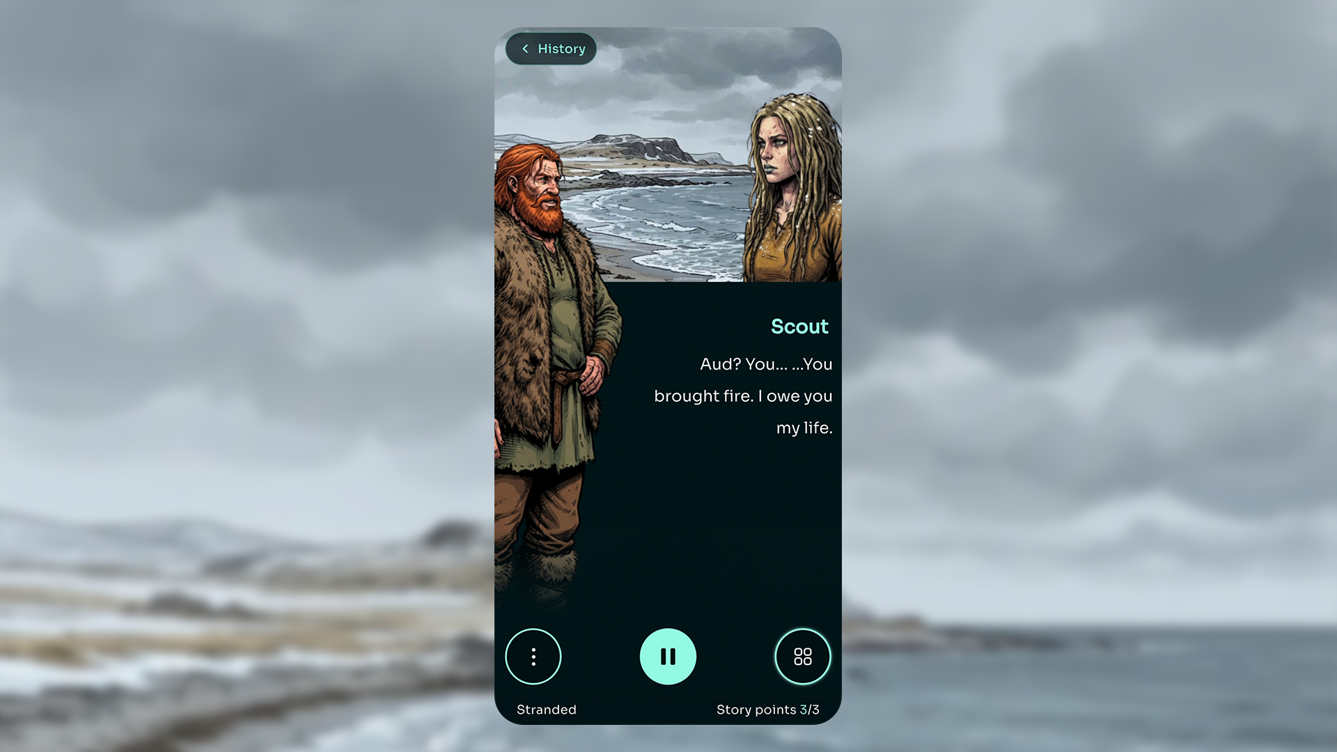 Earlier OMEA narrative interface showing the illustrated Scout character, companion and spoken dialogue; pre-October press-kit image.