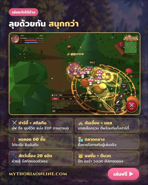 ภาพประชาสัมพันธ์จากผู้สร้าง Mythoria Online มีฉากใช้สกิลต่อสู้กับมอนสเตอร์