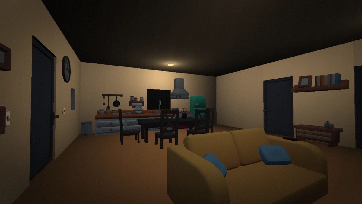 Last Stream's evening living room and kitchen, with a sofa, dining table and warm lighting