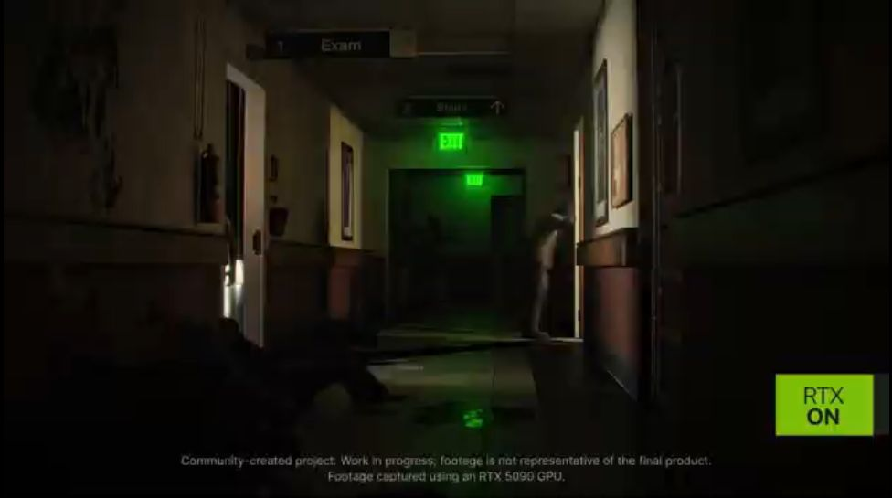 Left 4 Dead RTX announcement frame: dark hospital corridor with green EXIT signs and RTX ON badge