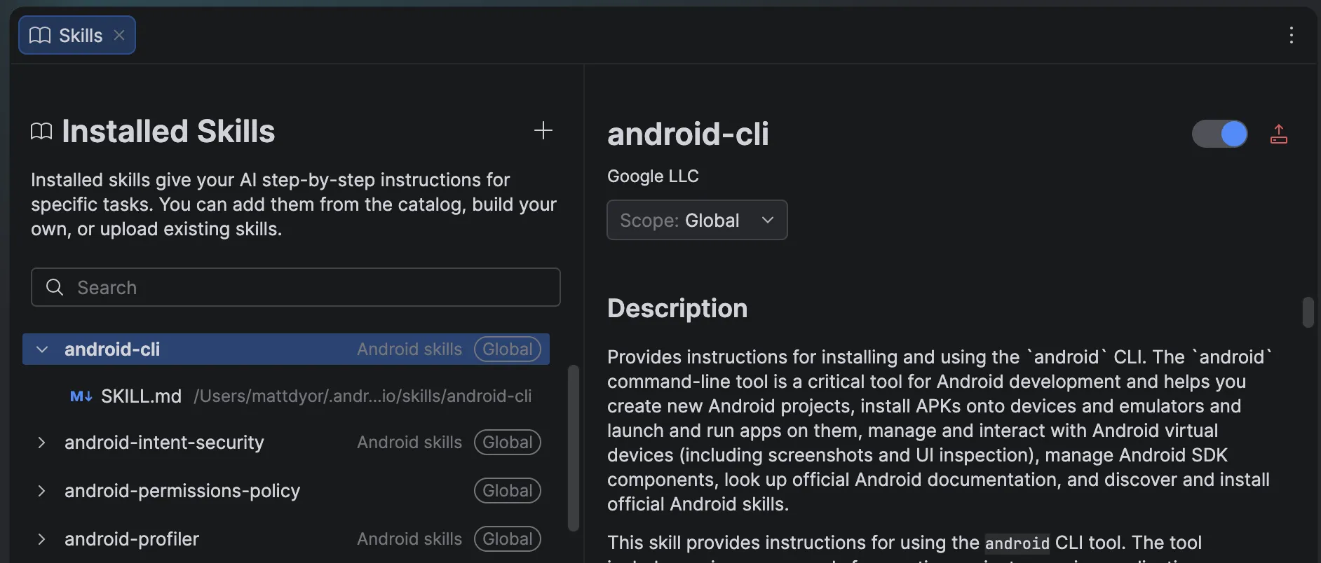 Official Android Studio Skills Manager showing installed android-cli and other AI task guides