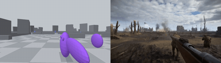 Shooter comparison frame: blockout input on the left and AI-rerendered battlefield video on the right