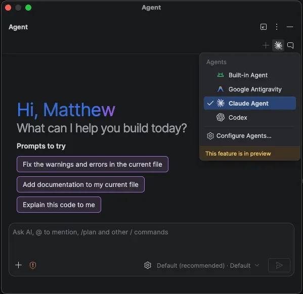 Official Android Studio agent selector showing Claude Agent, Codex and Google Antigravity, with an older preview label
