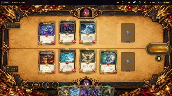 Cursed Hand battle board with monsters on both sides and cards in hand, from the creator