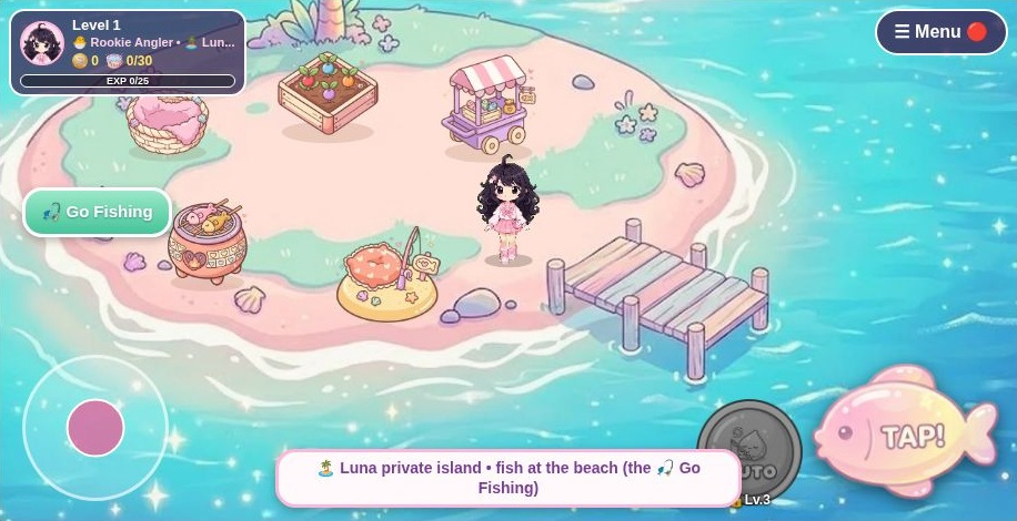 Luna's private island with home features and a pier