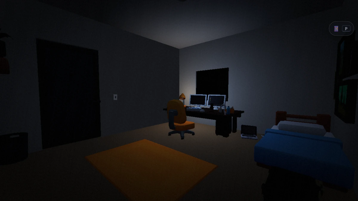 Last Stream's dark nighttime streaming room with twin monitors and a bed