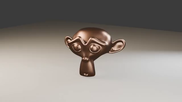 หัวลิง Suzanne วัสดุทองแดง มุมด้านหน้าจากตัวอย่างหมุนกล้องใน Blender