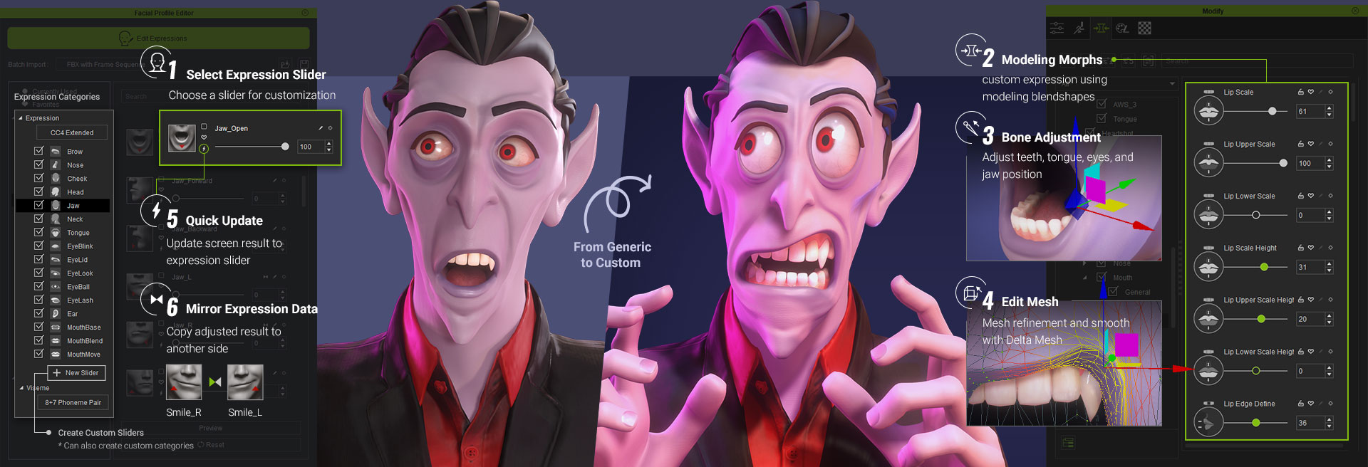 ภาพชุดสื่อ Character Creator 4 รุ่นเดิม อธิบายการปรับสีหน้าด้วยสไลเดอร์ morph กระดูกและ mesh