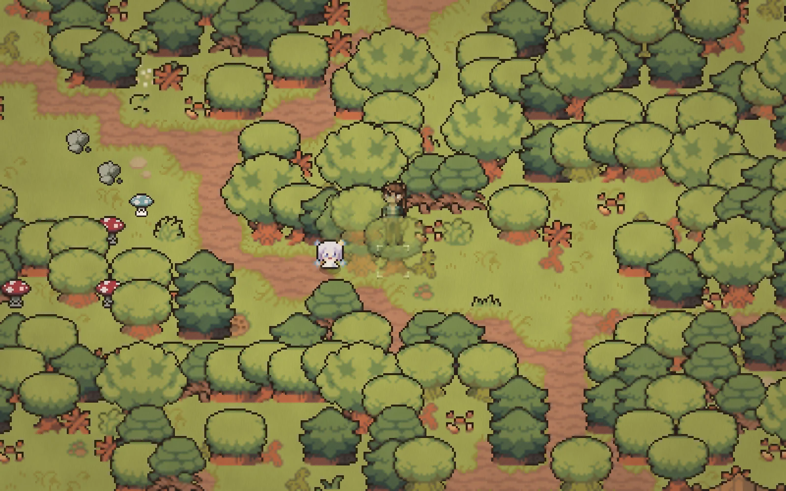 The player and a fairy companion on a wooded path in OpenWorld