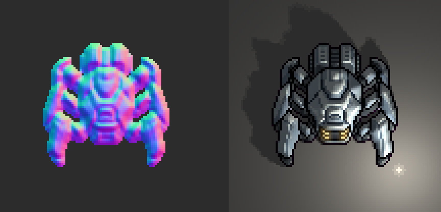 Normal Map ของแมงมุม Pixel Art ทางซ้าย และผลการรับแสงบนภาพตัวละครทางขวา