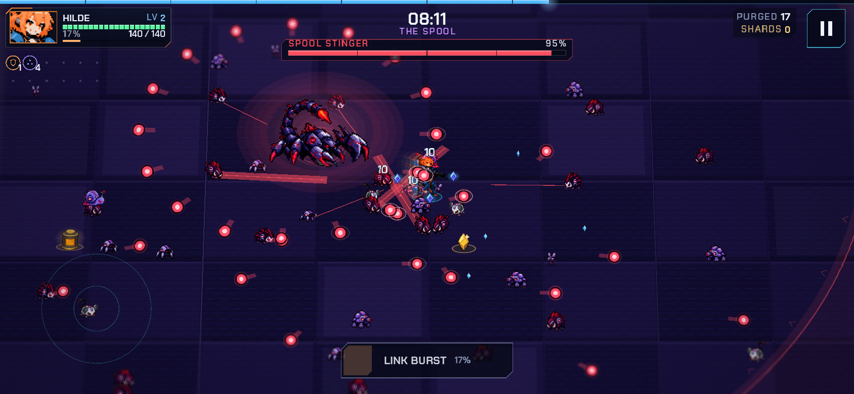 Official creator screenshot of Hilde fighting SPOOL STINGER in The Spool in OVERZERO.