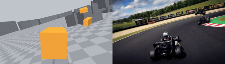 Kart comparison frame: blockout input on the left and AI-rerendered video on the right