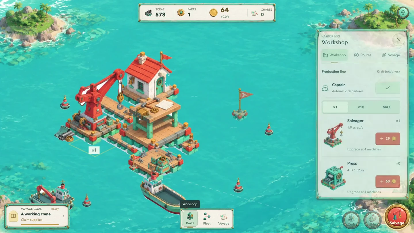 ตัวอย่างเกมสร้างเกาะที่ทีม OhMyGame ทำ แสดงอาคารโรงงานบนท่าลอยน้ำและเมนูสิ่งก่อสร้าง