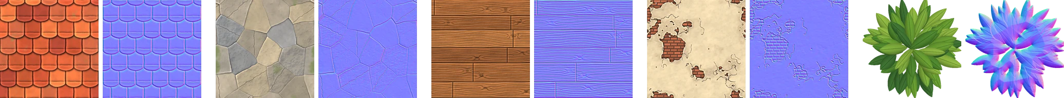 ตัวอย่างภาพพื้นผิวหลังคา หิน ไม้ ปูน และใบไม้ พร้อม Normal Map คู่กัน